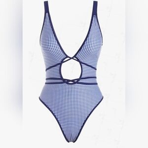 Seamolly Blue Gingham Tie Around Criss Cross Backless Plunging Neck One-Piece